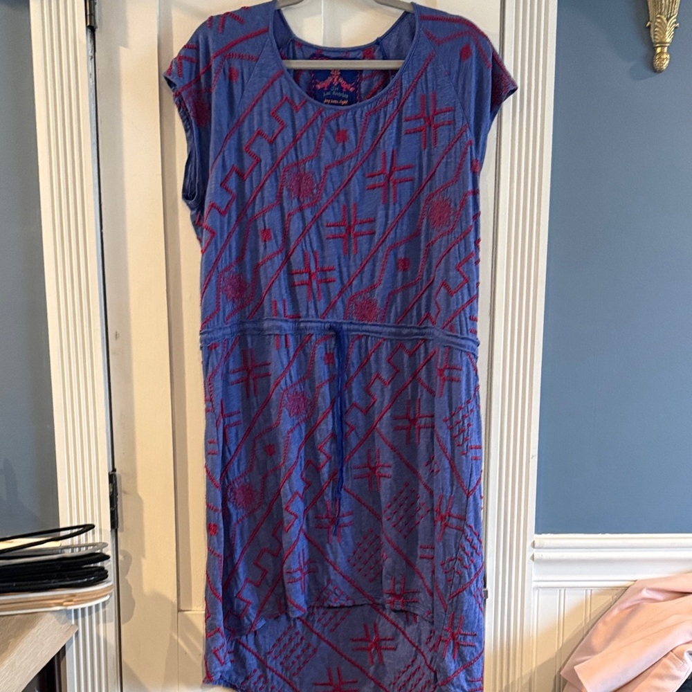 Johnny Was Blue and Red Embroidered Midi Dress